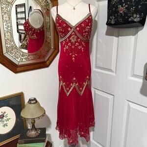 VTG Y2K Adrianna Papell Red & Gold Beaded 100% Silk Romantic Fairycore Dress 10